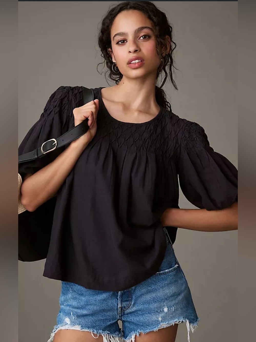 by Anthropologie Black The Liza Puff-sleeve Smocked Linen Top Small